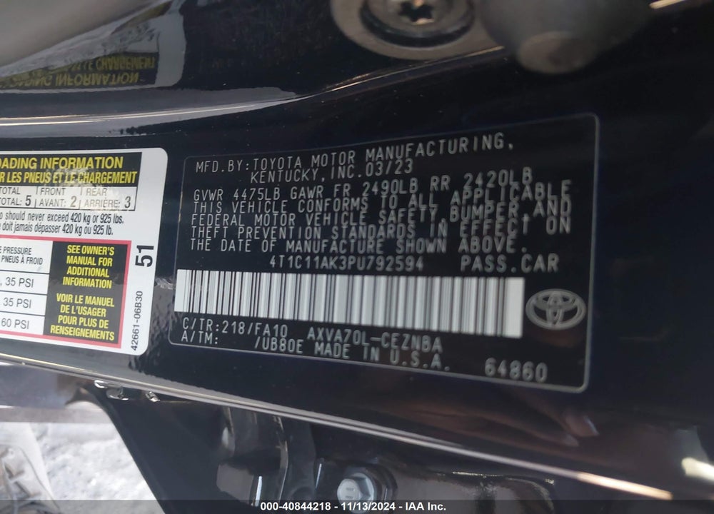 2023 TOYOTA CAMRY VIN: 4T1C11AK3PU792594