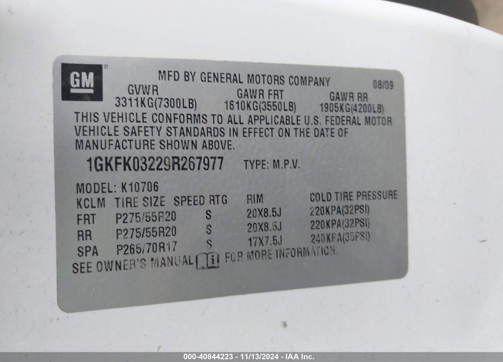 2009 GMC YUKON DENALI VIN: 1GKFK03229R267977