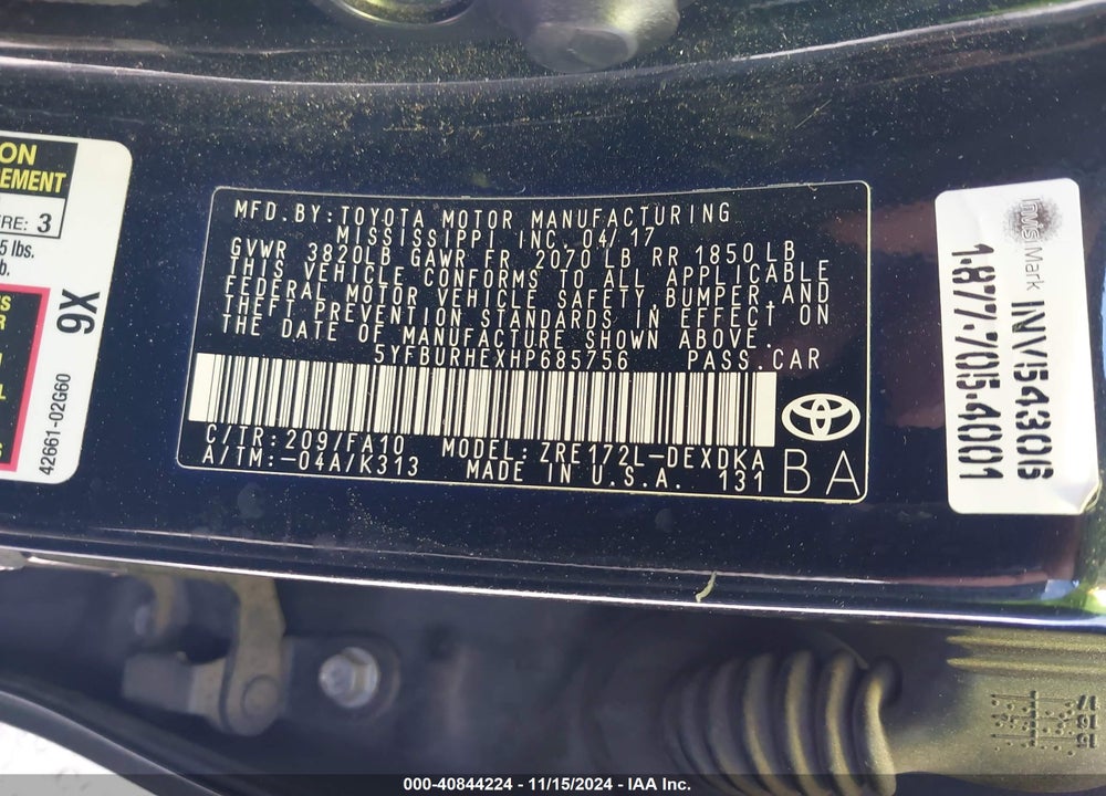 2017 TOYOTA COROLLA L VIN: 5YFBURHEXHP685756