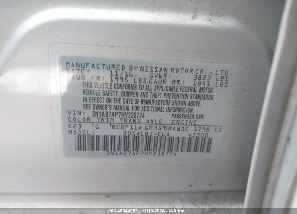 2017 NISSAN SENTRA S VIN: 3N1AB7AP7HY238774