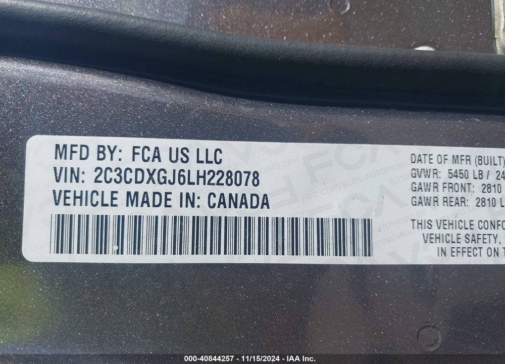 2020 DODGE CHARGER SCAT PACK RWD VIN: 2C3CDXGJ6LH228078