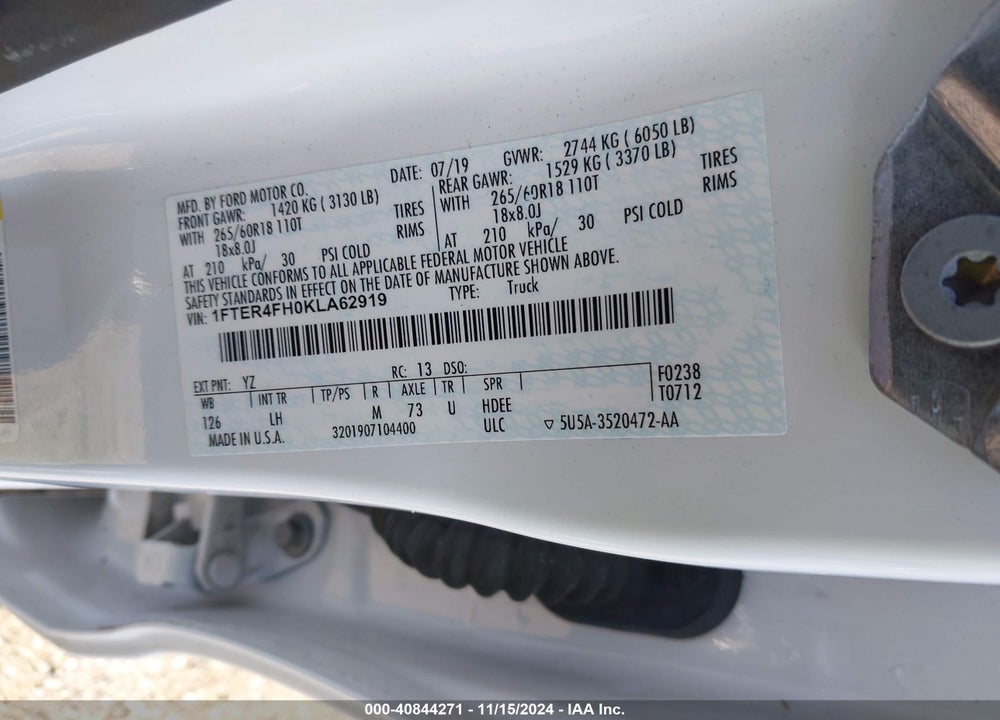 2019 FORD RANGER XLT VIN: 1FTER4FH0KLA62919