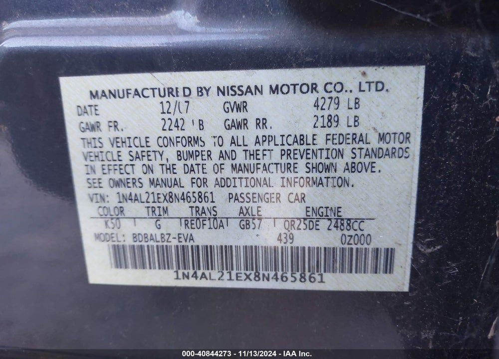 2008 NISSAN ALTIMA 2.5 S VIN: 1N4AL21EX8N465861