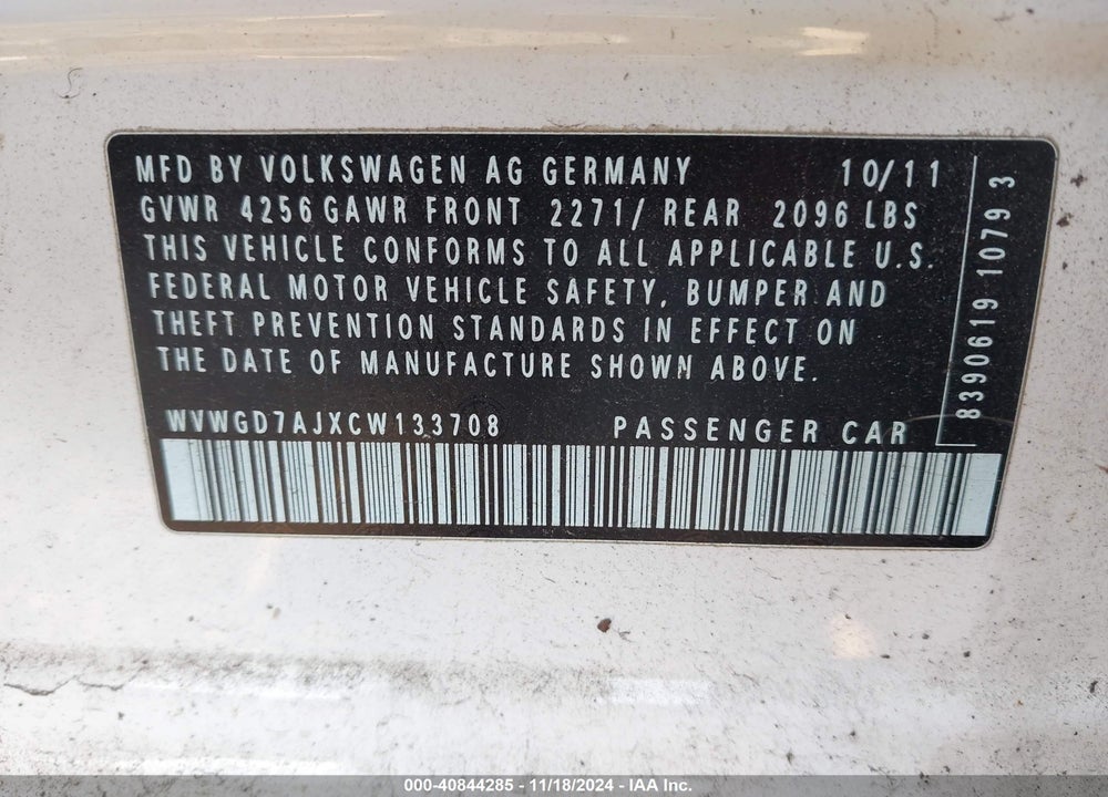 2012 VOLKSWAGEN GTI 4-DOOR VIN: WVWGD7AJXCW133708