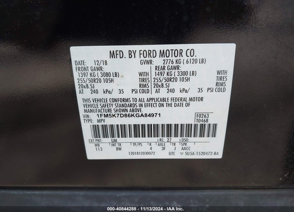 2019 FORD EXPLORER XLT VIN: 1FM5K7D86KGA84971