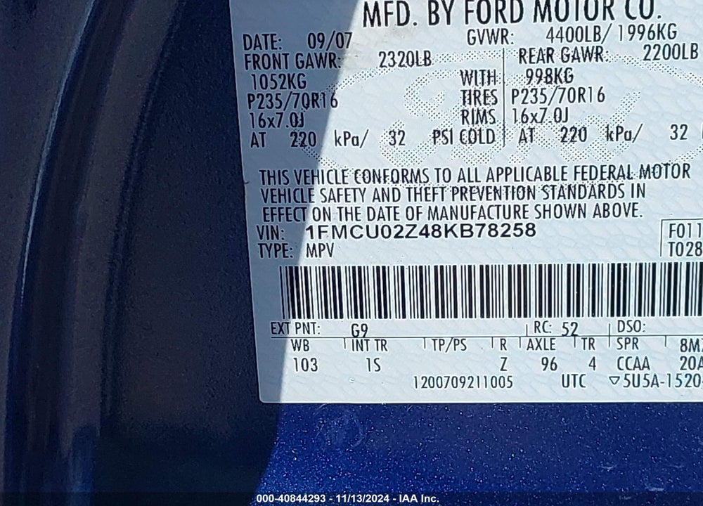 2008 FORD ESCAPE XLS/XLS MANUAL VIN: 1FMCU02Z48KB78258