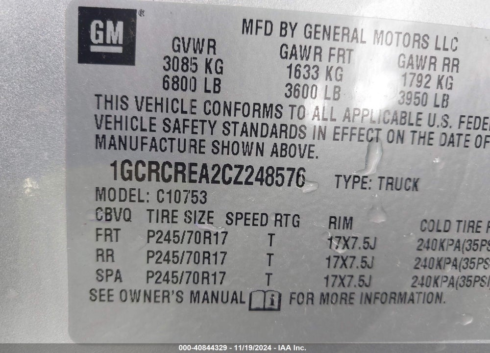 2012 CHEVROLET SILVERADO 1500 LS VIN: 1GCRCREA2CZ248576