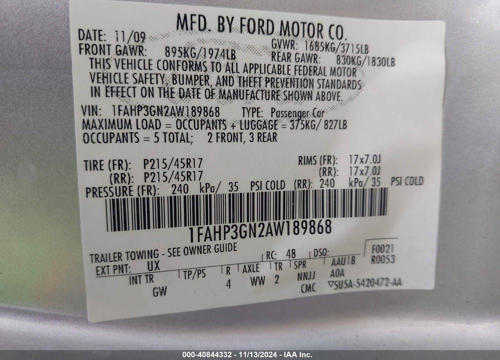 2010 FORD FOCUS SES VIN: 1FAHP3GN2AW189868