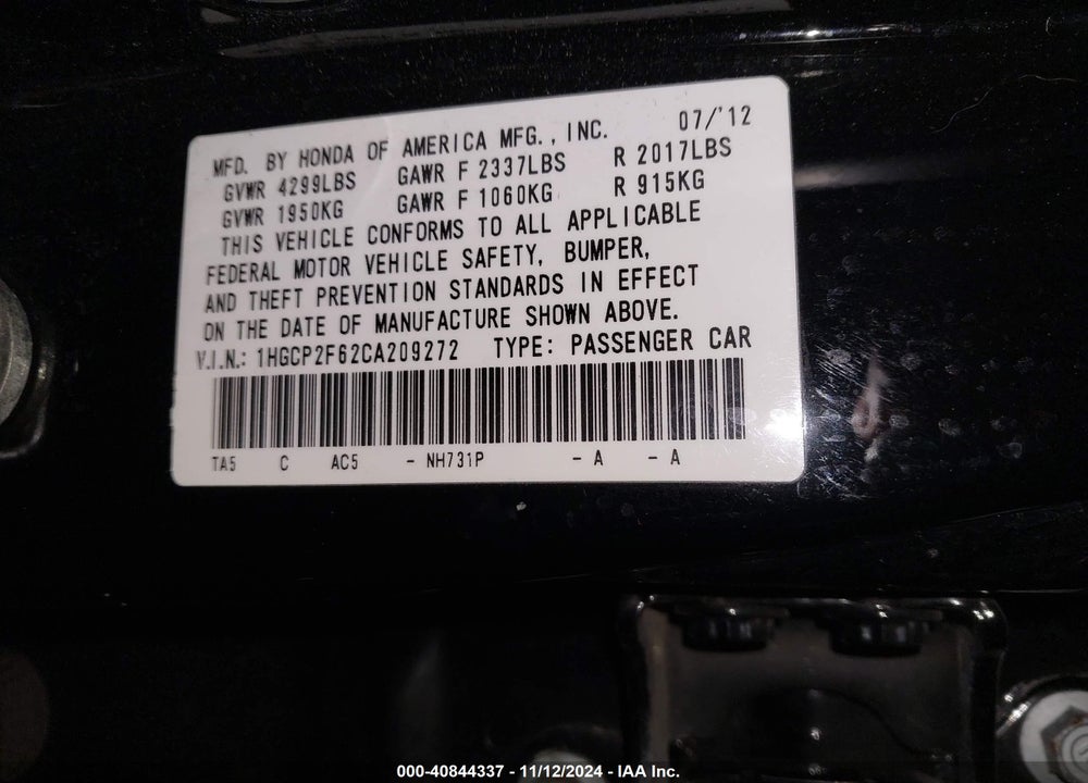2012 HONDA ACCORD VIN: 1HGCP2F62CA209272
