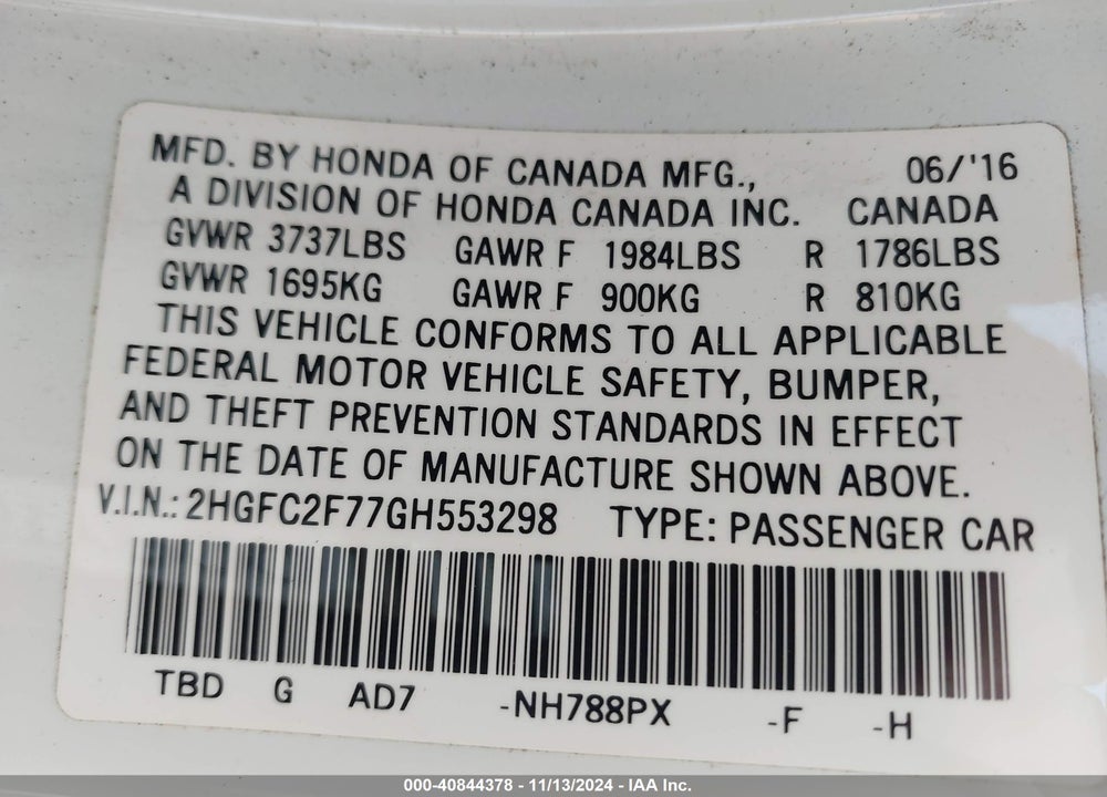 2016 HONDA CIVIC EX VIN: 2HGFC2F77GH553298
