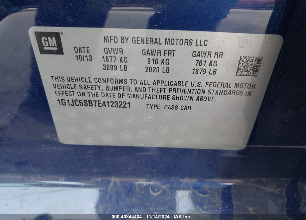 2014 CHEVROLET SONIC LT AUTO VIN: 1G1JC6SB7E4123221