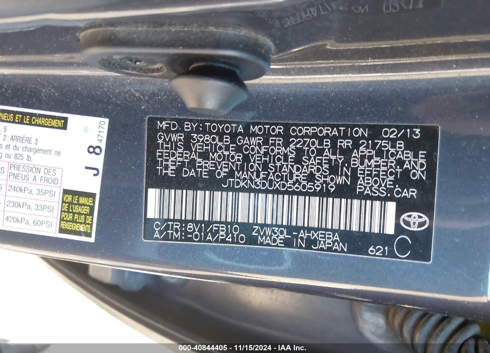 2013 TOYOTA PRIUS TWO VIN: JTDKN3DUXD5605919