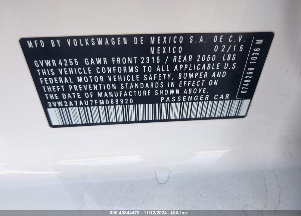 2015 VOLKSWAGEN GOLF TDI S 4-DOOR VIN: 3VW2A7AU7FM069920