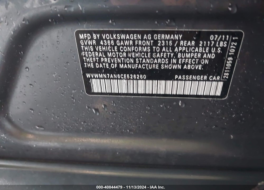 2012 VOLKSWAGEN CC SPORT VIN: WVWMN7AN6CE526260