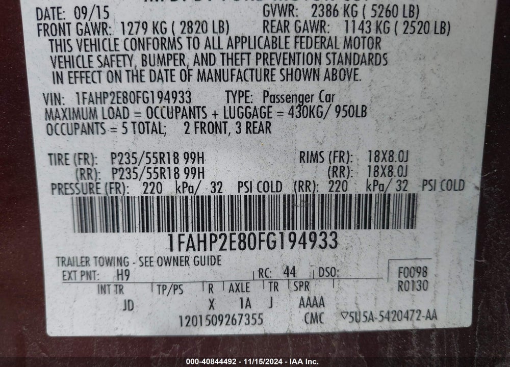 2015 FORD TAURUS SEL VIN: 1FAHP2E80FG194933