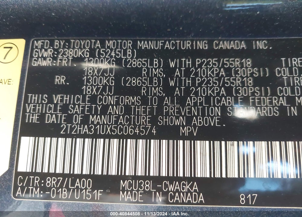 2005 LEXUS RX 330 VIN: 2T2HA31UX5C064574