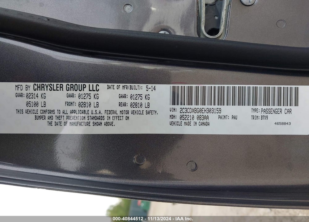 2014 DODGE CHARGER SE VIN: 2C3CDXBG0EH303159