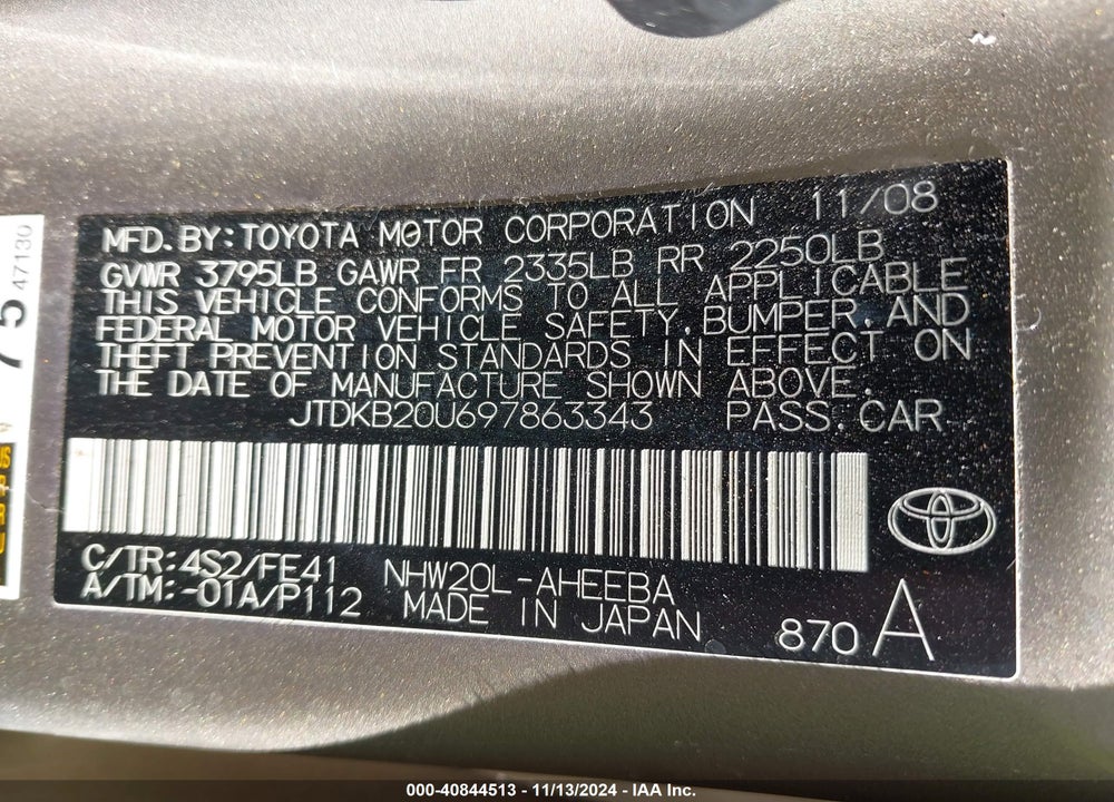 2009 TOYOTA PRIUS VIN: JTDKB20U697863343