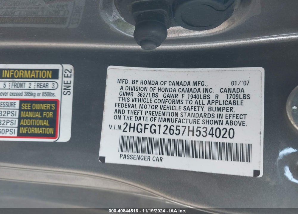 2007 HONDA CIVIC LX VIN: 2HGFG12657H534020