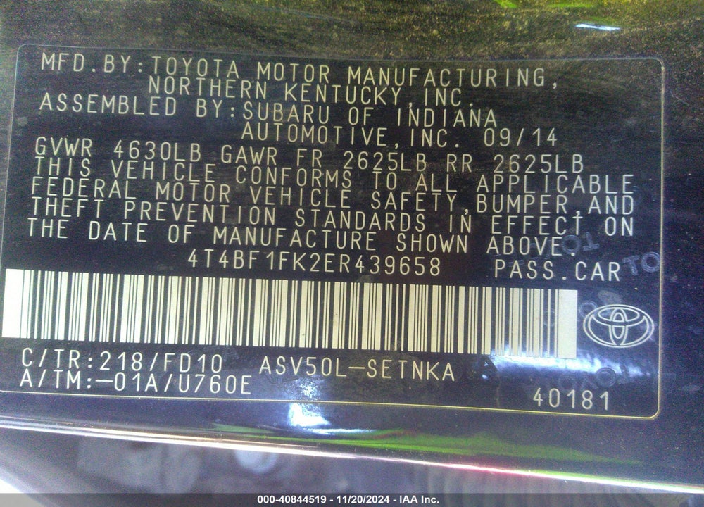 2014 TOYOTA CAMRY LE VIN: 4T4BF1FK2ER439658