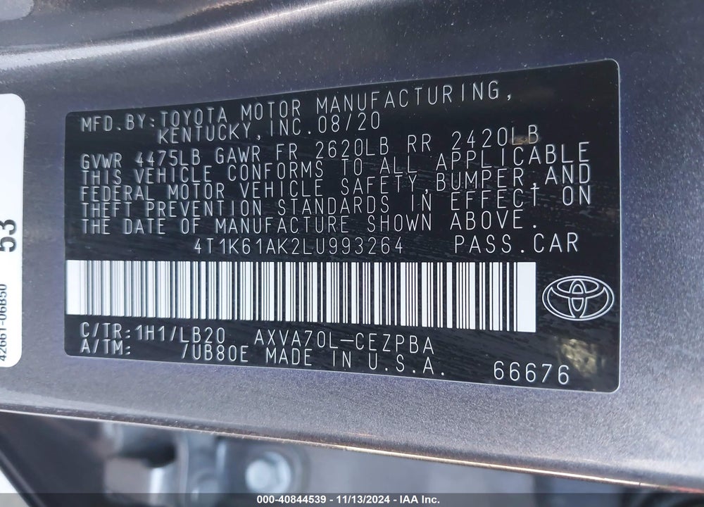 2020 TOYOTA CAMRY XSE VIN: 4T1K61AK2LU993264