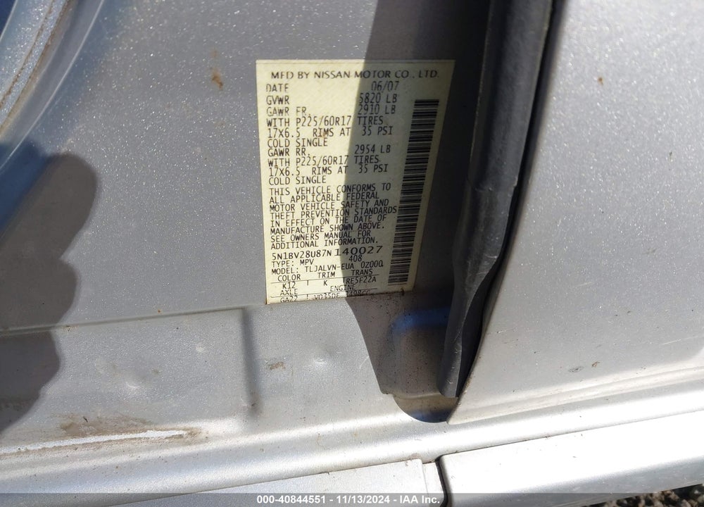 2007 NISSAN QUEST 3.5 SE VIN: 5N1BV28U87N140027