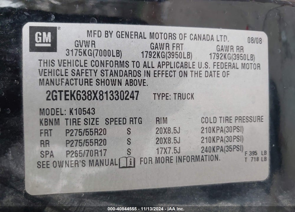 2008 GMC SIERRA 1500 DENALI VIN: 2GTEK638X81330247