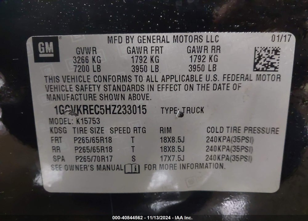 2017 CHEVROLET SILVERADO 1500 2LT VIN: 1GCVKREC5HZ233015