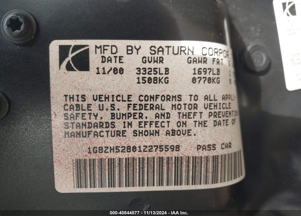 2001 SATURN SL1 VIN: 1G8ZH52801Z275598