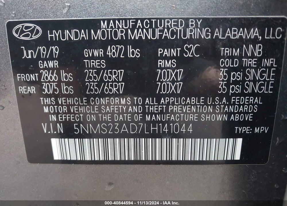 2020 HYUNDAI SANTA FE SE VIN: 5NMS23AD7LH141044