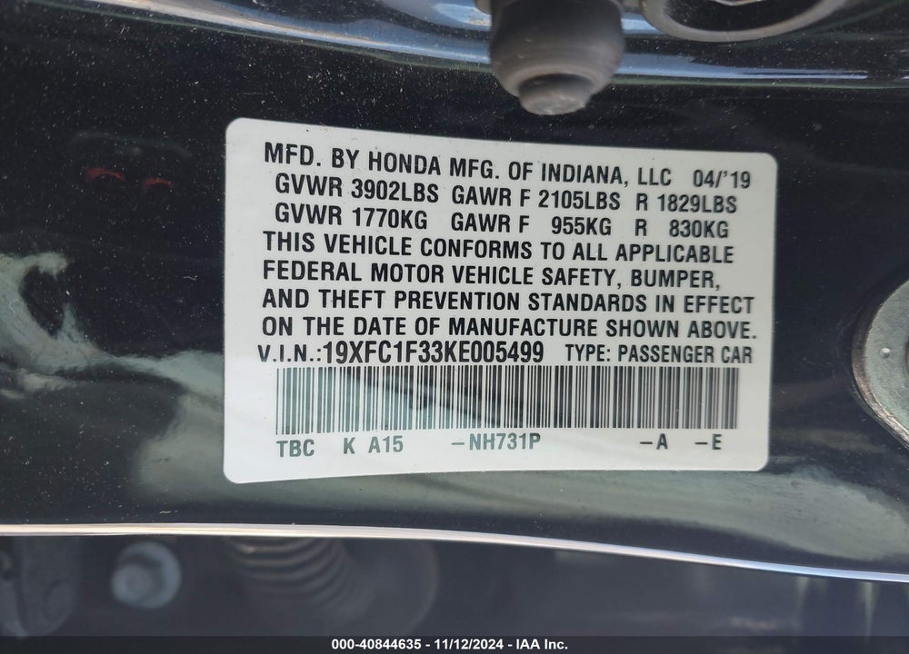 2019 HONDA CIVIC EX VIN: 19XFC1F33KE005499
