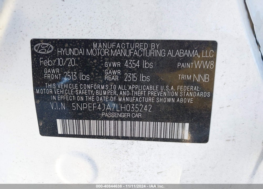 2020 HYUNDAI SONATA SEL VIN: 5NPEF4JA7LH035242