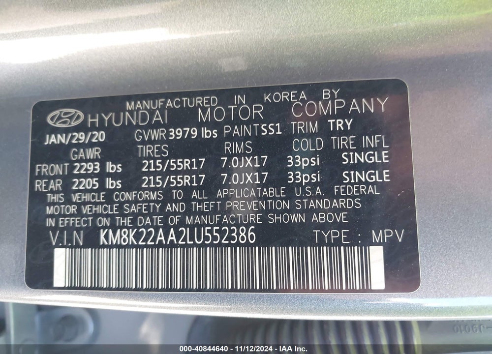 2020 HYUNDAI KONA SEL VIN: KM8K22AA2LU552386