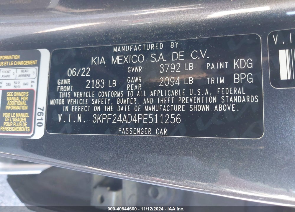 2023 KIA FORTE LXS VIN: 3KPF24AD4PE511256