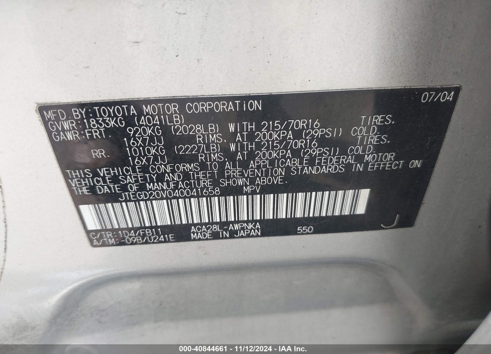 2004 TOYOTA RAV4 VIN: JTEGD20V040041658