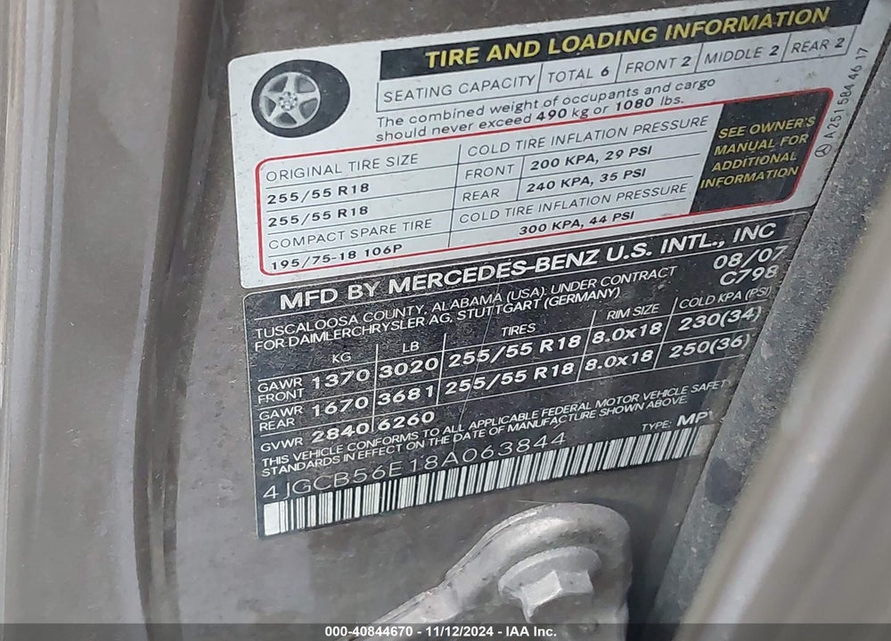 2008 MERCEDES-BENZ R 350 VIN: 4JGCB56E18A063844