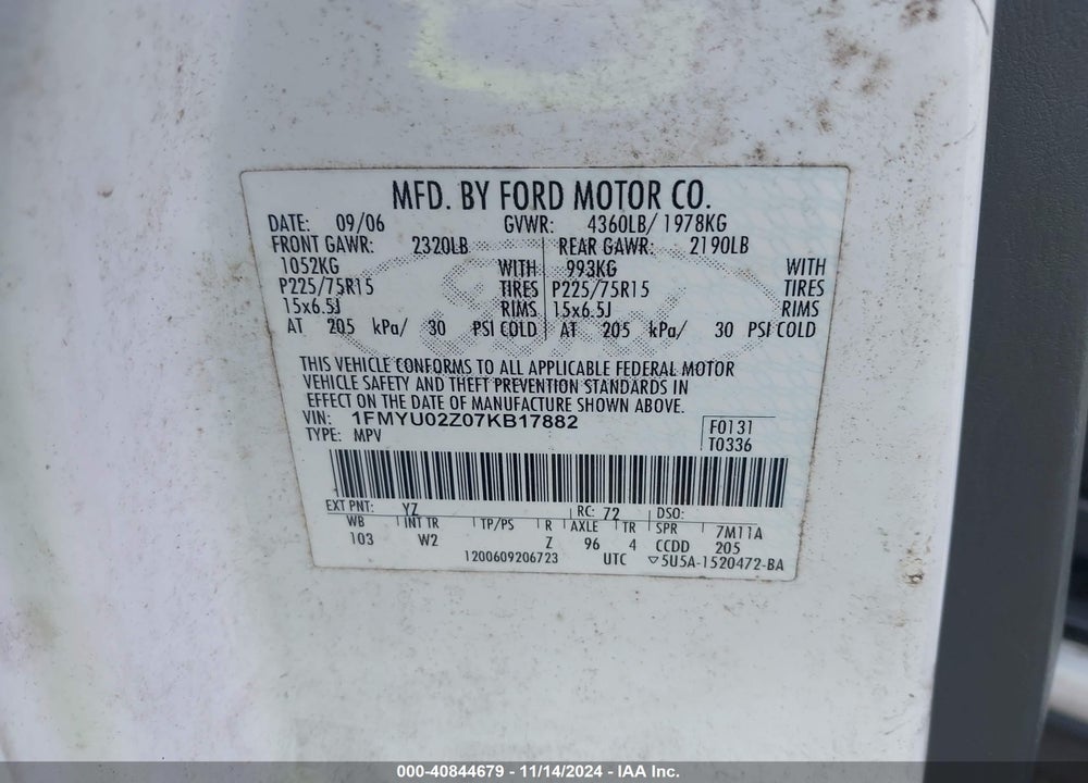 2007 FORD ESCAPE XLS/XLS MANUAL VIN: 1FMYU02Z07KB17882