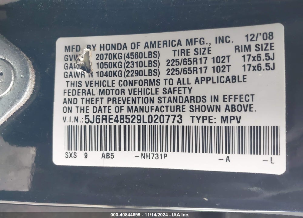 2009 HONDA CR-V EX VIN: 5J6RE48529L020773