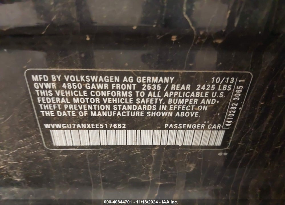 2014 VOLKSWAGEN CC 3.6L VR6 EXECUTIVE VIN: WVWGU7ANXEE517662