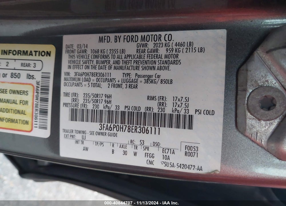 2014 FORD FUSION SE VIN: 3FA6P0H78ER306111