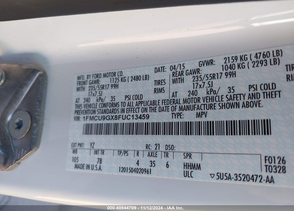 2015 FORD ESCAPE SE VIN: 1FMCU9GX8FUC13459
