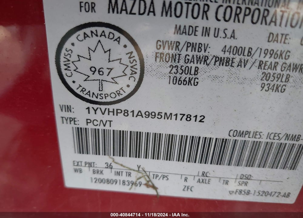2009 MAZDA 6 I SPORT/I TOURING VIN: 1YVHP81A995M17812