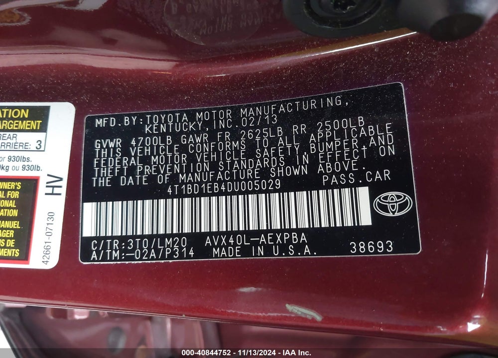 2013 TOYOTA AVALON HYBRID LIMITED VIN: 4T1BD1EB4DU005029