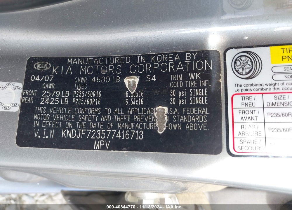 2007 KIA SPORTAGE LX V6 VIN: KNDJF723577416713