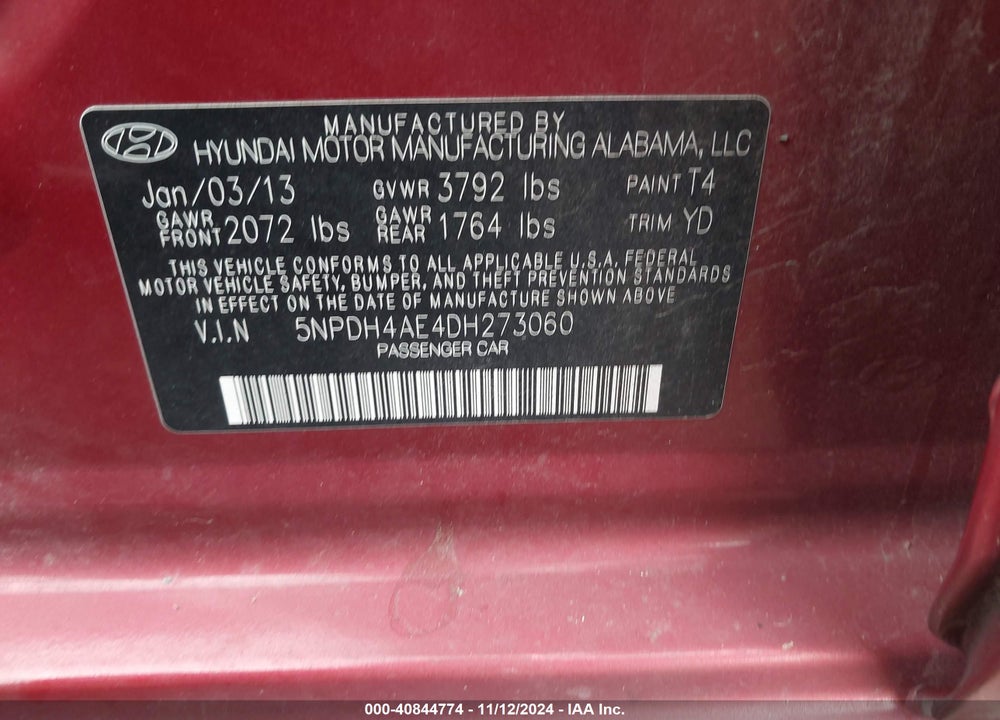 2013 HYUNDAI ELANTRA GLS VIN: 5NPDH4AE4DH273060