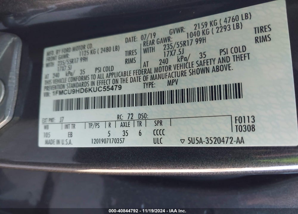 2019 FORD ESCAPE SEL VIN: 1FMCU9HD6KUC55479