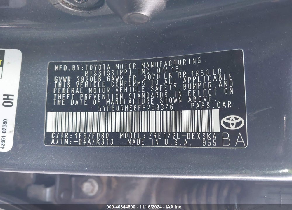 2015 TOYOTA COROLLA S PLUS VIN: 5YFBURHE6FP258376