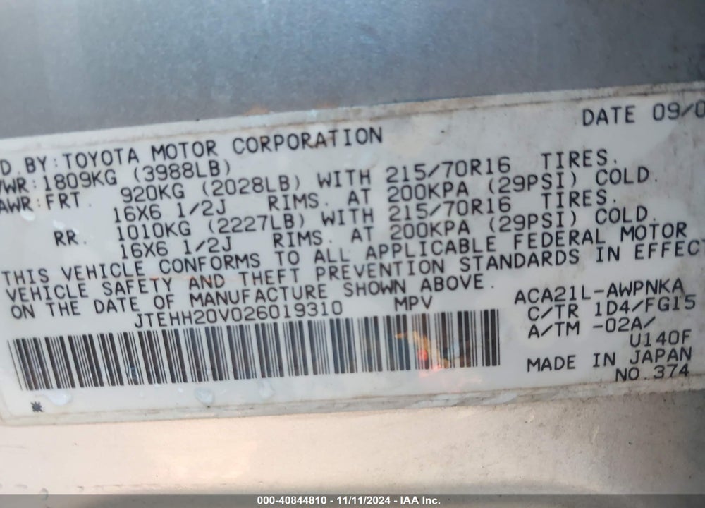 2002 TOYOTA RAV4 VIN: JTEHH20V026019310