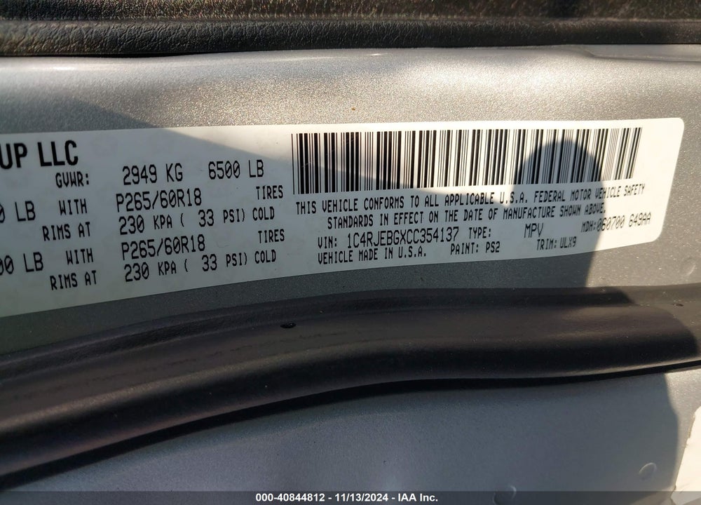 2012 JEEP GRAND CHEROKEE VIN: 1C4RJEBGXCC354137