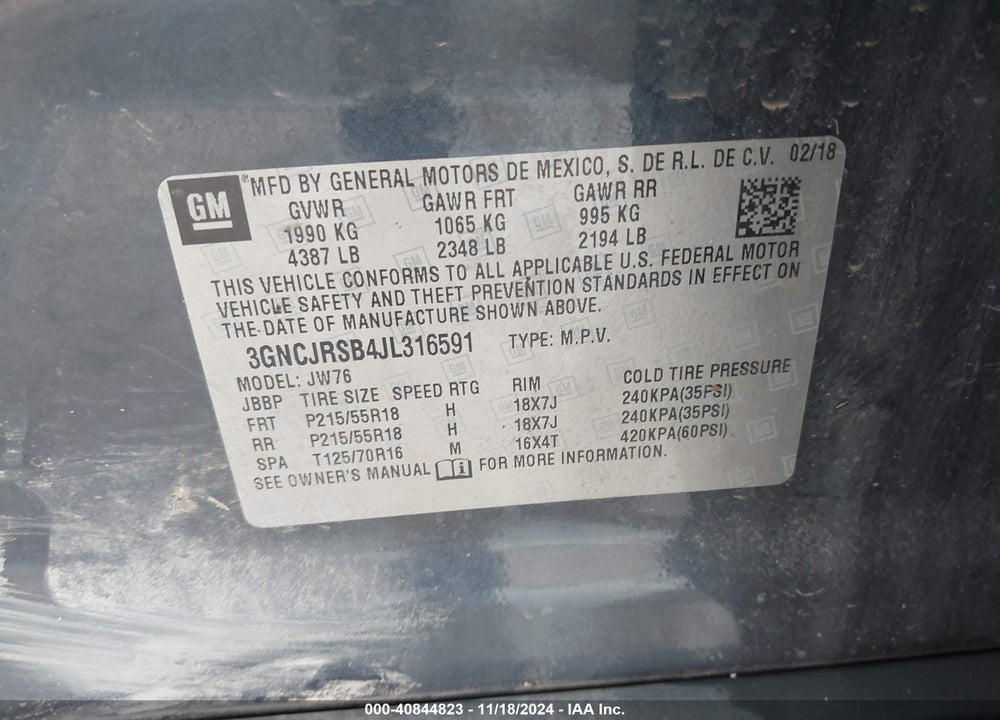 2018 CHEVROLET TRAX PREMIER VIN: 3GNCJRSB4JL316591